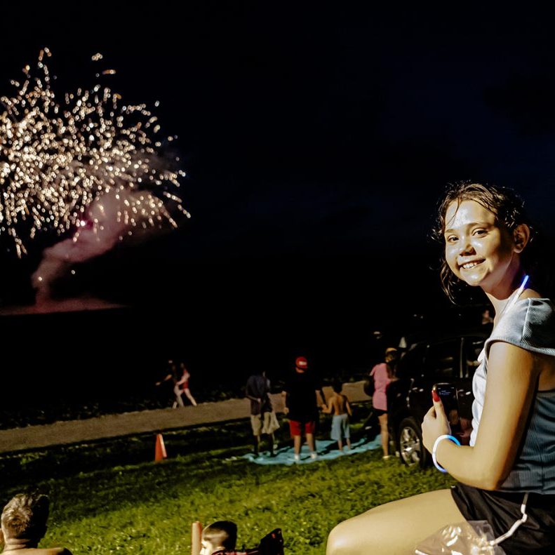 Adyison Tate captured the fireworks show with her cellphone at the Family Fireworks Fellowship at Devine’s Farm on Sunday, June 28. The event is sponsored by the Mercer Baptist Association. (Image: The Harrodsburg Herald/Robert Moore.)